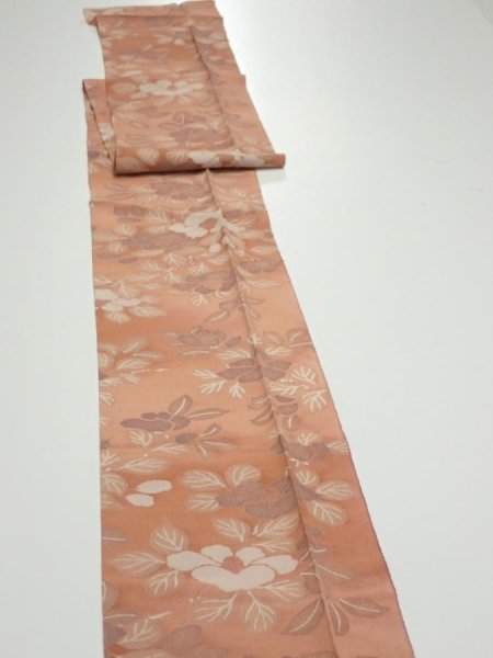 Photo3: 2M09z60  Japanese Kimono Silk  FABRIC Camellia Light brown 81.5x6.7 (3)