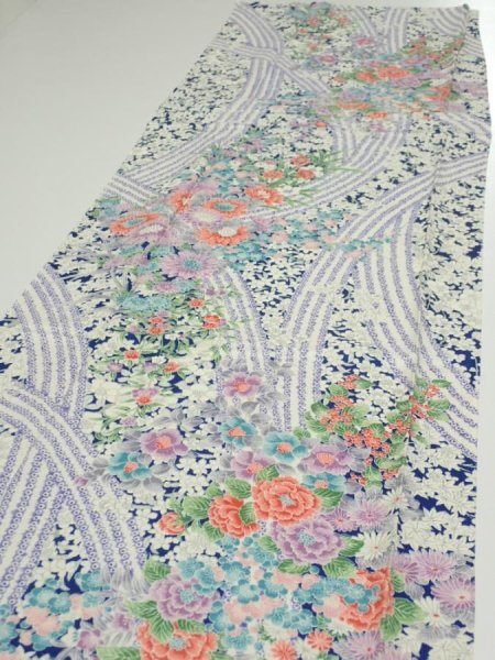 Photo3: 2M01z80  Japanese Kimono Silk  FABRIC Flowers Navy 63.0x14.4 (3)