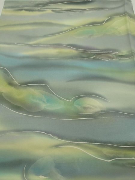 Photo1: 2M01z60  Japanese Kimono Silk  FABRIC  Light gray, Lime 42.1x14.4 (1)