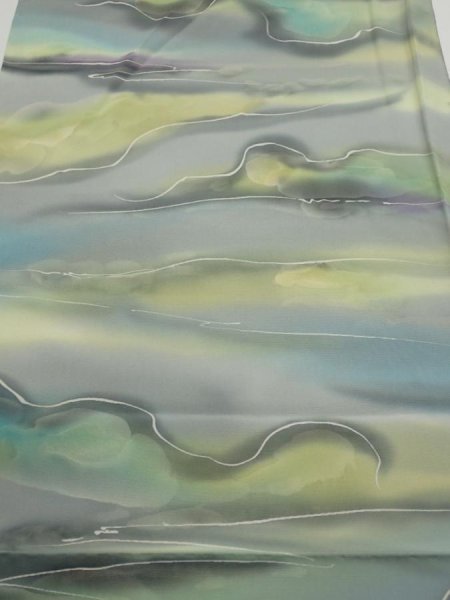 Photo1: 2M02z60  Japanese Kimono Silk  FABRIC  Light gray, Lime 42.5x14.4 (1)