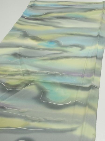 Photo3: 2M02z60  Japanese Kimono Silk  FABRIC  Light gray, Lime 42.5x14.4 (3)