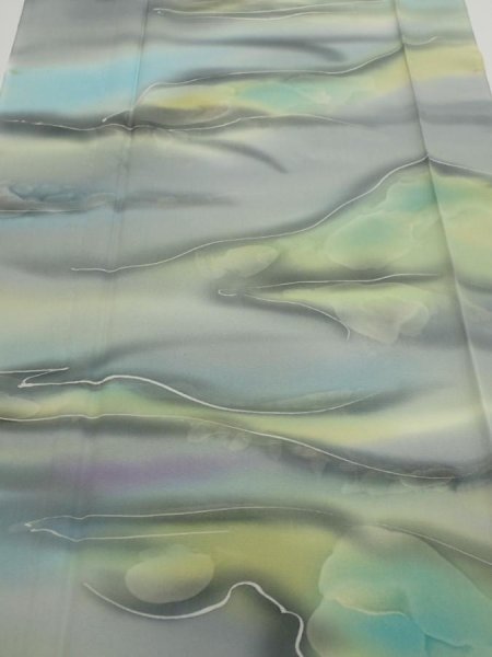 Photo1: 2M03z90  Japanese Kimono Silk  FABRIC  Light gray, Lime 65.7x14.4 (1)