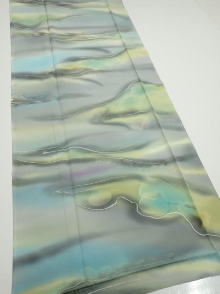 Photo2: 2M03z90  Japanese Kimono Silk  FABRIC  Light gray, Lime 65.7x14.4 (2)