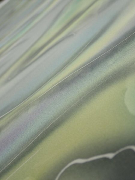 Photo4: 2M03z90  Japanese Kimono Silk  FABRIC  Light gray, Lime 65.7x14.4 (4)