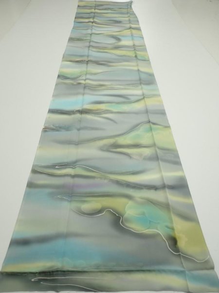 Photo5: 2M03z90  Japanese Kimono Silk  FABRIC  Light gray, Lime 65.7x14.4 (5)