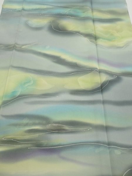Photo1: 2M04z90  Japanese Kimono Silk  FABRIC  Light gray, Lime 65.4x14.4 (1)