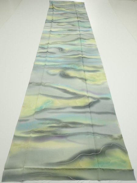 Photo5: 2M04z90  Japanese Kimono Silk  FABRIC  Light gray, Lime 65.4x14.4 (5)