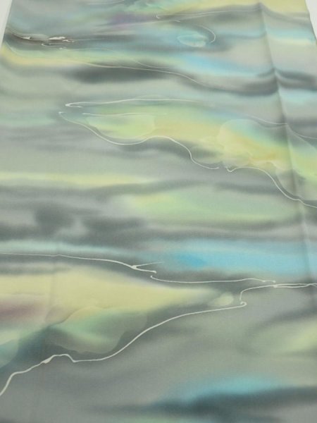 Photo1: 2M05z90  Japanese Kimono Silk  FABRIC  Light gray, Lime 65.4x14.4 (1)