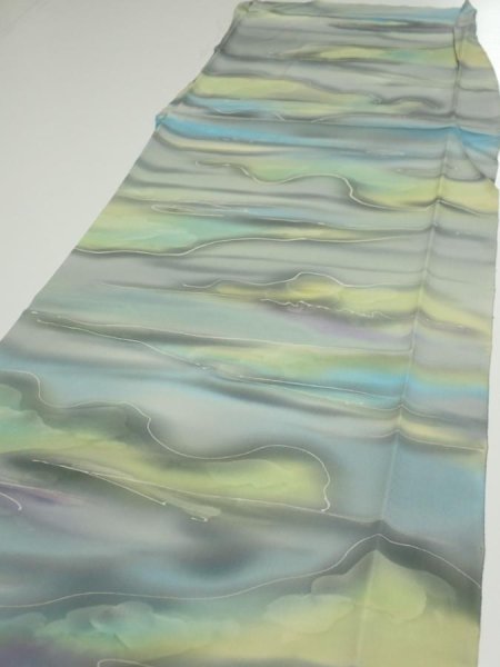 Photo3: 2M05z90  Japanese Kimono Silk  FABRIC  Light gray, Lime 65.4x14.4 (3)