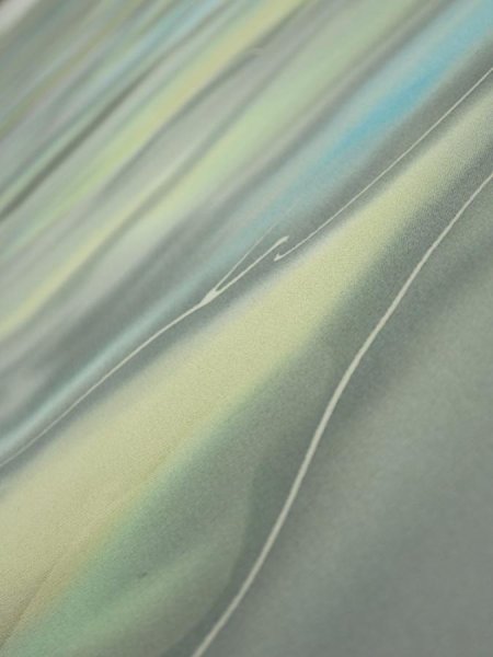 Photo4: 2M05z90  Japanese Kimono Silk  FABRIC  Light gray, Lime 65.4x14.4 (4)