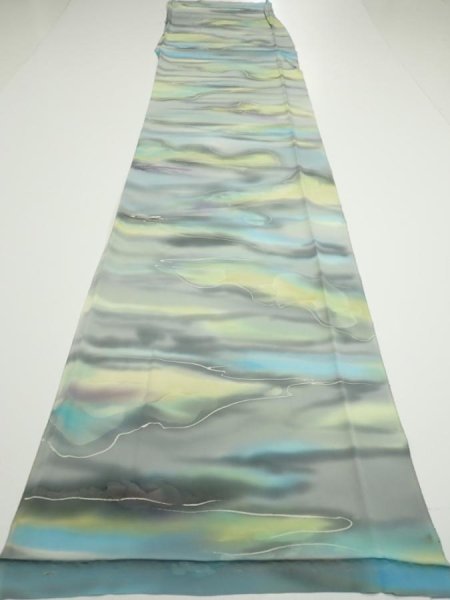 Photo5: 2M05z90  Japanese Kimono Silk  FABRIC  Light gray, Lime 65.4x14.4 (5)