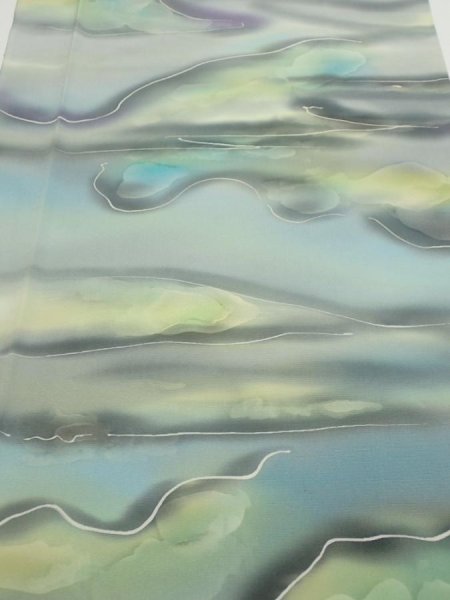 Photo1: 2M06z90  Japanese Kimono Silk  FABRIC  Light gray, Lime 65.7x14.4 (1)