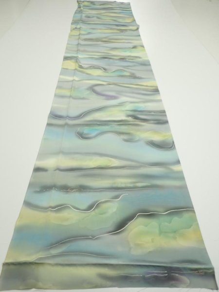 Photo5: 2M06z90  Japanese Kimono Silk  FABRIC  Light gray, Lime 65.7x14.4 (5)