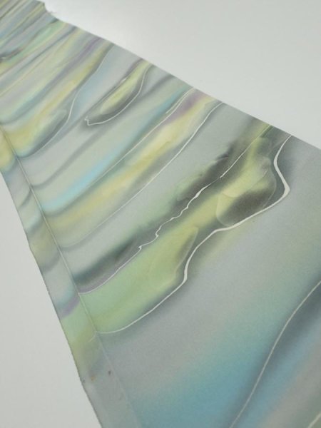 Photo1: 2M07z50  Japanese Kimono Silk  FABRIC  Light gray, Lime 62.2x7.5 (1)