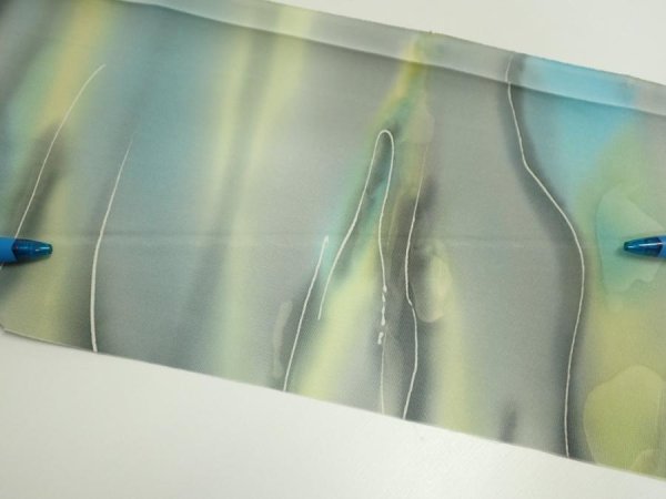 Photo8: 2M07z50  Japanese Kimono Silk  FABRIC  Light gray, Lime 62.2x7.5 (8)