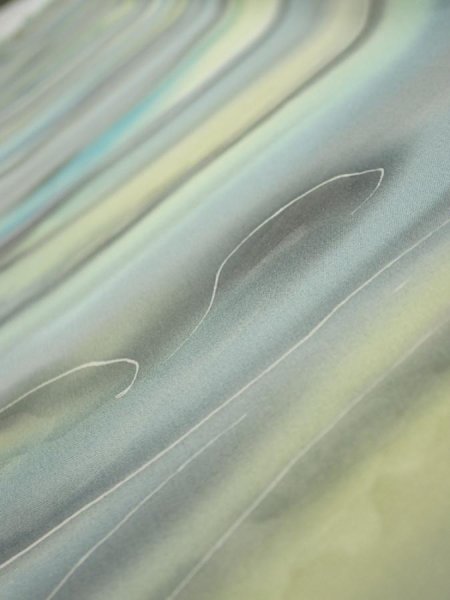 Photo4: 2M08z50  Japanese Kimono Silk  FABRIC  Light gray, Lime 62.2x7.5 (4)