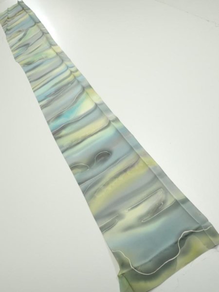 Photo5: 2M08z50  Japanese Kimono Silk  FABRIC  Light gray, Lime 62.2x7.5 (5)