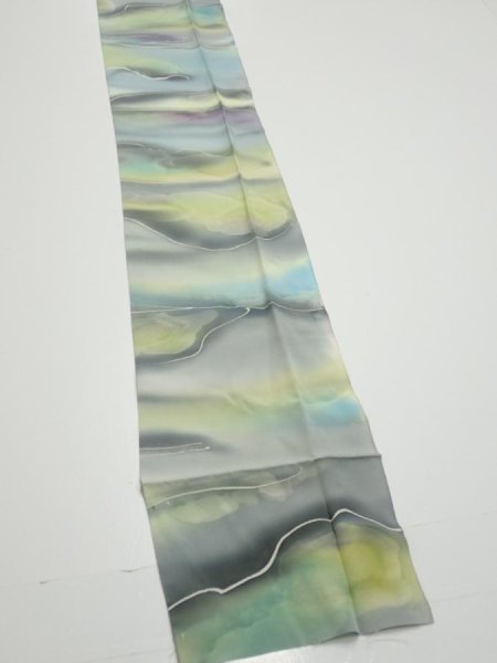 Photo2: 2M09z60  Japanese Kimono Silk  FABRIC  Light gray, Lime 89.0x6.7 (2)