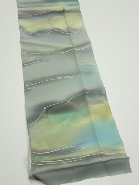 Photo5: 2M10z30  Japanese Kimono Silk  FABRIC  Light gray, Lime 35.4x6.7 (5)