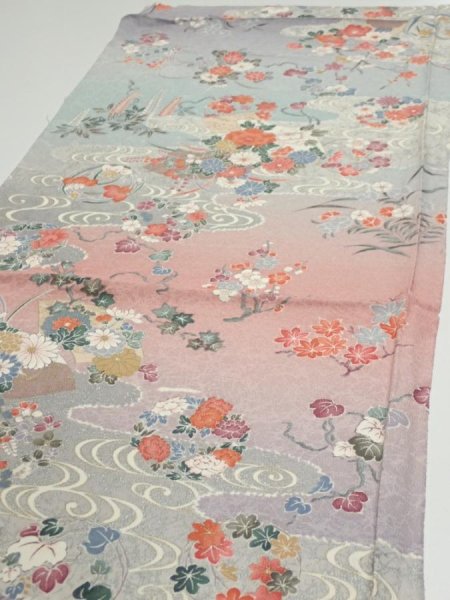 Photo3: 2M01z60  Japanese Kimono Silk  FABRIC Flowers Light gray 42.5x15.0 (3)