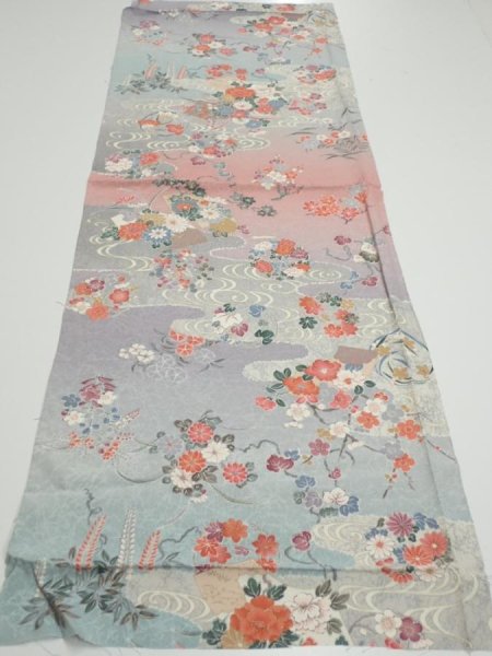 Photo5: 2M01z60  Japanese Kimono Silk  FABRIC Flowers Light gray 42.5x15.0 (5)