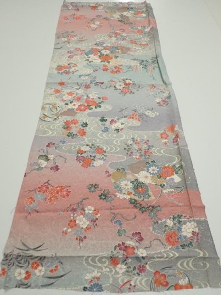 Photo5: 2M02z60  Japanese Kimono Silk  FABRIC Flowers Light gray 42.1x15.0 (5)