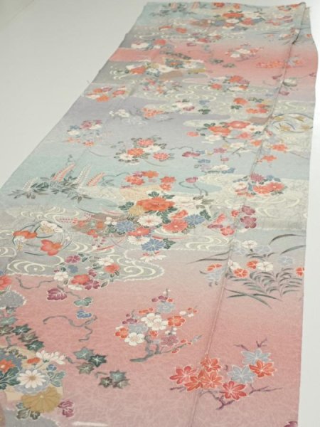 Photo3: 2M03z90  Japanese Kimono Silk  FABRIC Flowers Light gray 65.4x15.0 (3)