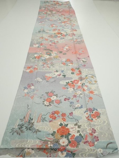 Photo5: 2M03z90  Japanese Kimono Silk  FABRIC Flowers Light gray 65.4x15.0 (5)