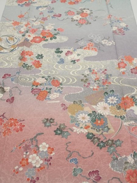 Photo1: 2M04z90  Japanese Kimono Silk  FABRIC Flowers Light gray 66.1x15.0 (1)