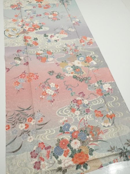 Photo2: 2M04z90  Japanese Kimono Silk  FABRIC Flowers Light gray 66.1x15.0 (2)