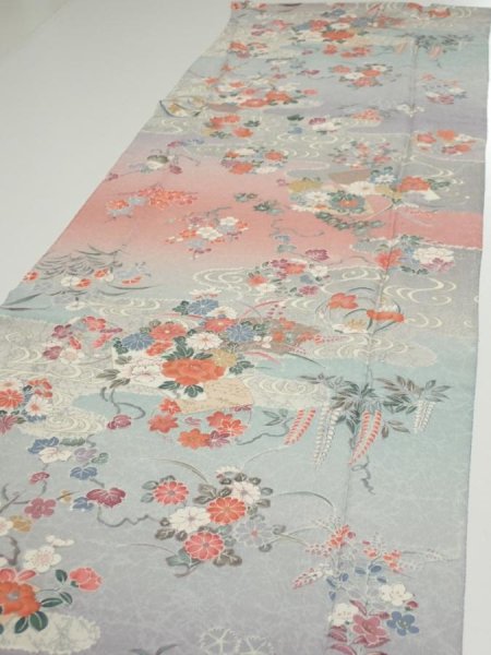Photo3: 2M04z90  Japanese Kimono Silk  FABRIC Flowers Light gray 66.1x15.0 (3)
