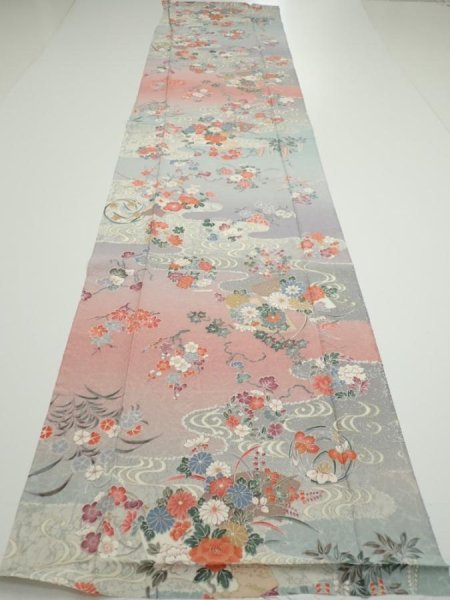 Photo5: 2M04z90  Japanese Kimono Silk  FABRIC Flowers Light gray 66.1x15.0 (5)
