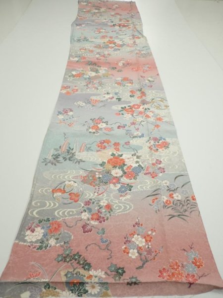 Photo5: 2M05z90  Japanese Kimono Silk  FABRIC Flowers Light gray 65.7x14.8 (5)