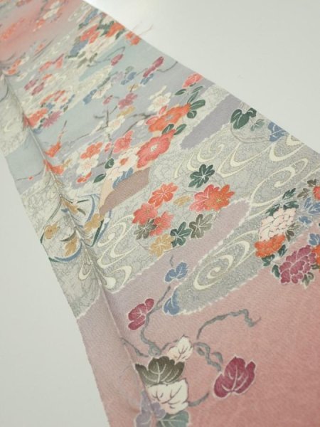 Photo1: 2M07z40  Japanese Kimono Silk  FABRIC Flowers Light gray 59.1x7.5 (1)
