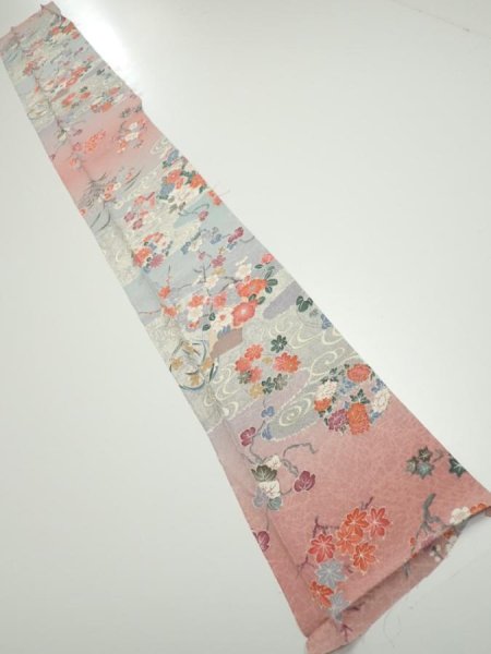 Photo5: 2M07z40  Japanese Kimono Silk  FABRIC Flowers Light gray 59.1x7.5 (5)