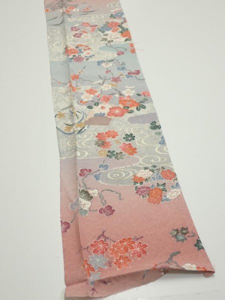 Photo2: 2M08z40  Japanese Kimono Silk  FABRIC Flowers Light gray 59.1x7.5 (2)