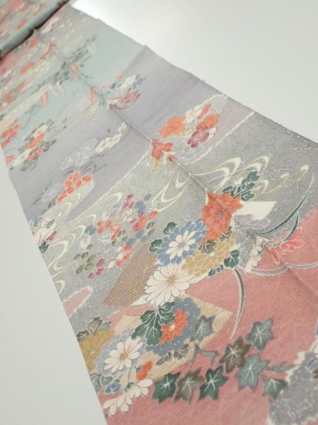 Photo1: 2M09z60  Japanese Kimono Silk  FABRIC Flowers Light gray 80.3x7.5 (1)