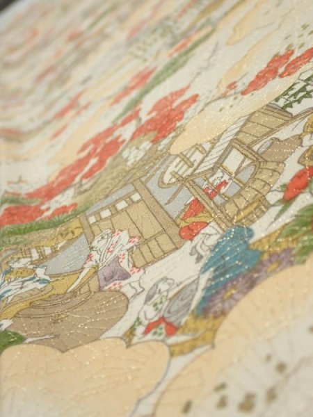 Photo4: 2M03z90  Japanese Kimono Silk  FABRIC Edo era Off-white 67.7x14.4 (4)