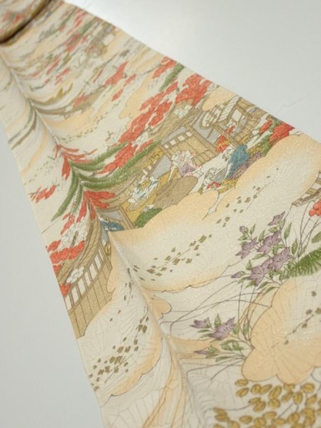 Photo1: 2M09z60  Japanese Kimono Silk  FABRIC Edo era Off-white 85.0x6.9 (1)