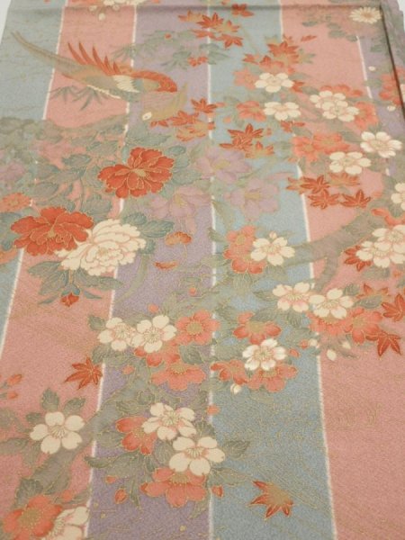 Photo1: 1F01z70  Japanese Kimono Silk  FABRIC Bird Dull light blue 44.9x15.0 (1)