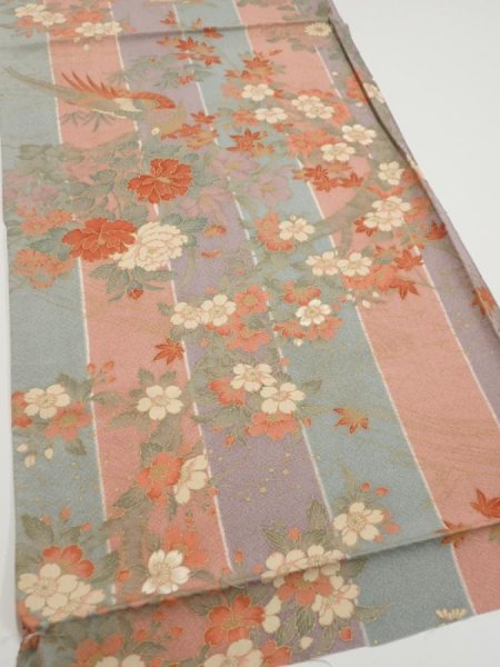 Photo2: 1F01z70  Japanese Kimono Silk  FABRIC Bird Dull light blue 44.9x15.0 (2)