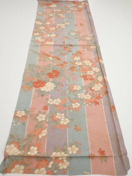 Photo5: 1F01z70  Japanese Kimono Silk  FABRIC Bird Dull light blue 44.9x15.0 (5)