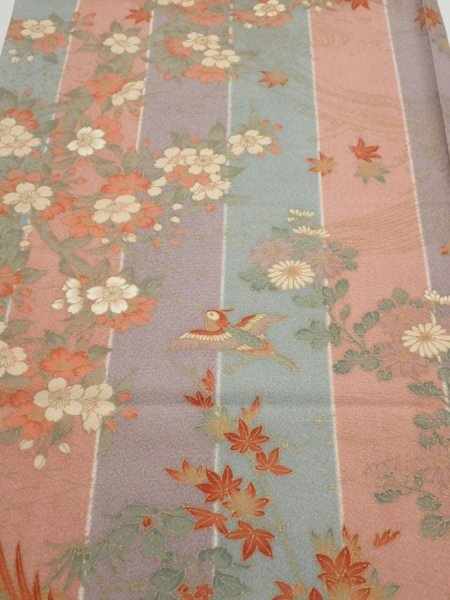 Photo1: 1F02z70  Japanese Kimono Silk  FABRIC Bird Dull light blue 44.1x15.0 (1)