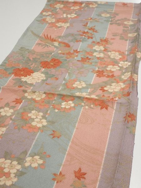 Photo3: 1F02z70  Japanese Kimono Silk  FABRIC Bird Dull light blue 44.1x15.0 (3)