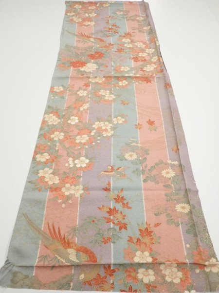 Photo5: 1F02z70  Japanese Kimono Silk  FABRIC Bird Dull light blue 44.1x15.0 (5)