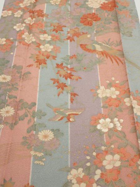 Photo1: 1F03z90  Japanese Kimono Silk  FABRIC Bird Dull light blue 65.7x15.0 (1)