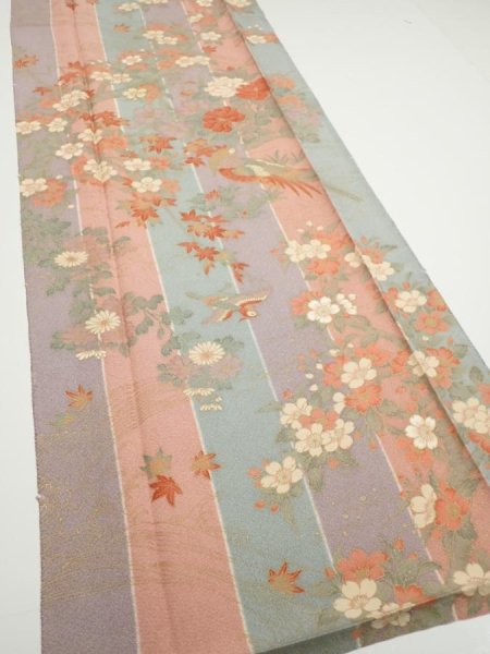 Photo2: 1F03z90  Japanese Kimono Silk  FABRIC Bird Dull light blue 65.7x15.0 (2)