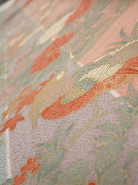 Photo4: 1F04z90  Japanese Kimono Silk  FABRIC Bird Dull light blue 65.7x14.8 (4)