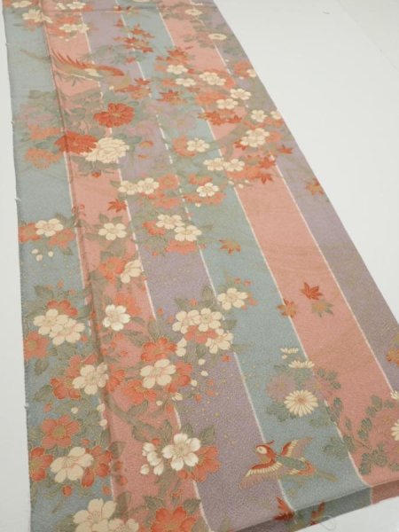 Photo2: 1F05z90  Japanese Kimono Silk  FABRIC Bird Dull light blue 63.4x14.8 (2)