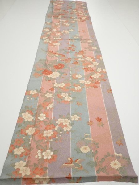 Photo5: 1F05z90  Japanese Kimono Silk  FABRIC Bird Dull light blue 63.4x14.8 (5)